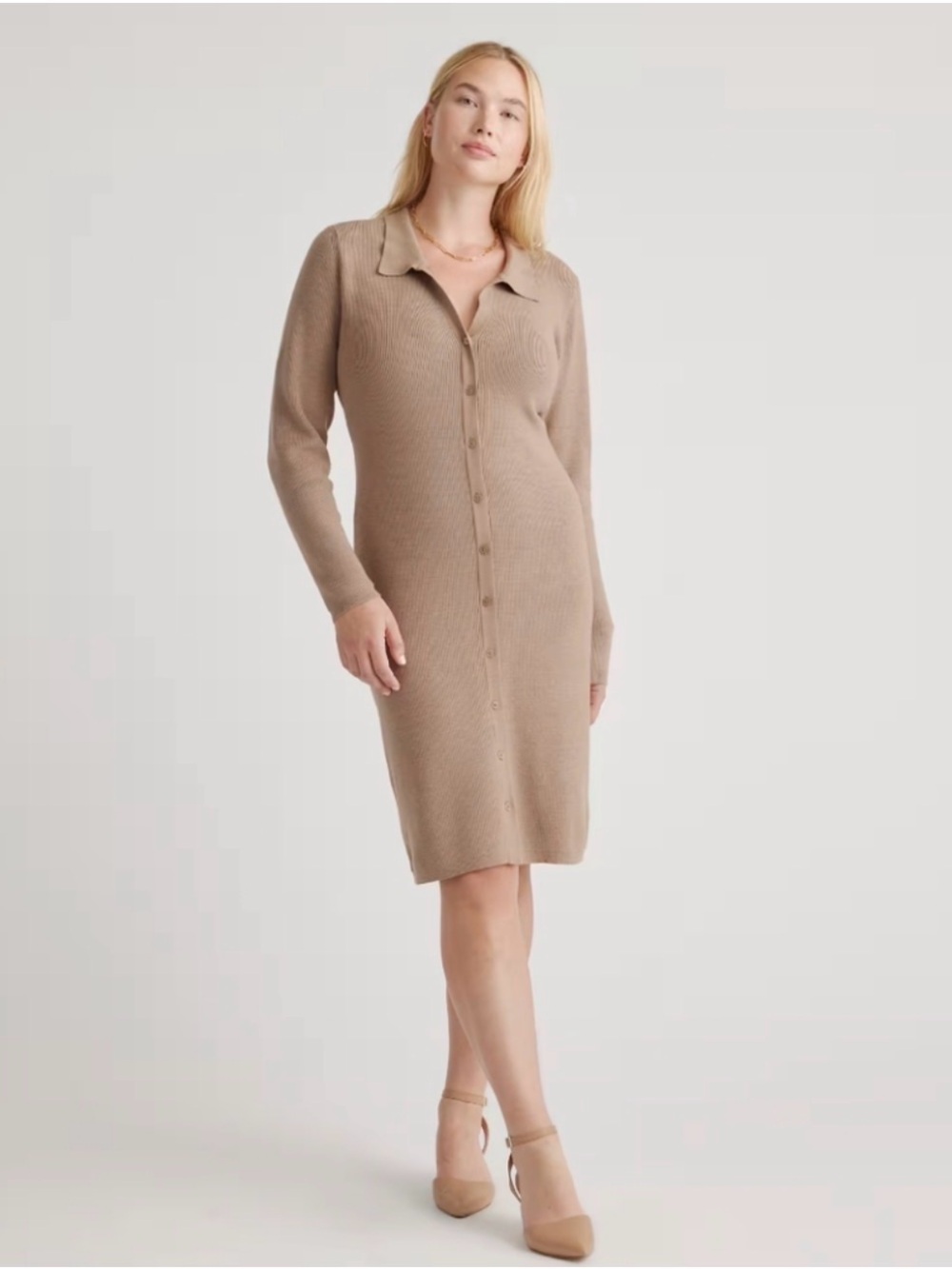🌺 Quince Eco-Knit Ribbed Button-Up Sweater Midi Dress